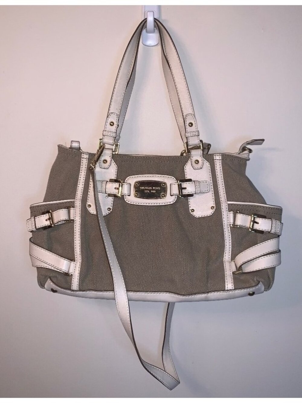 Michael Kors Gansevoort Canvas Satchel Leather Handbag Tan White